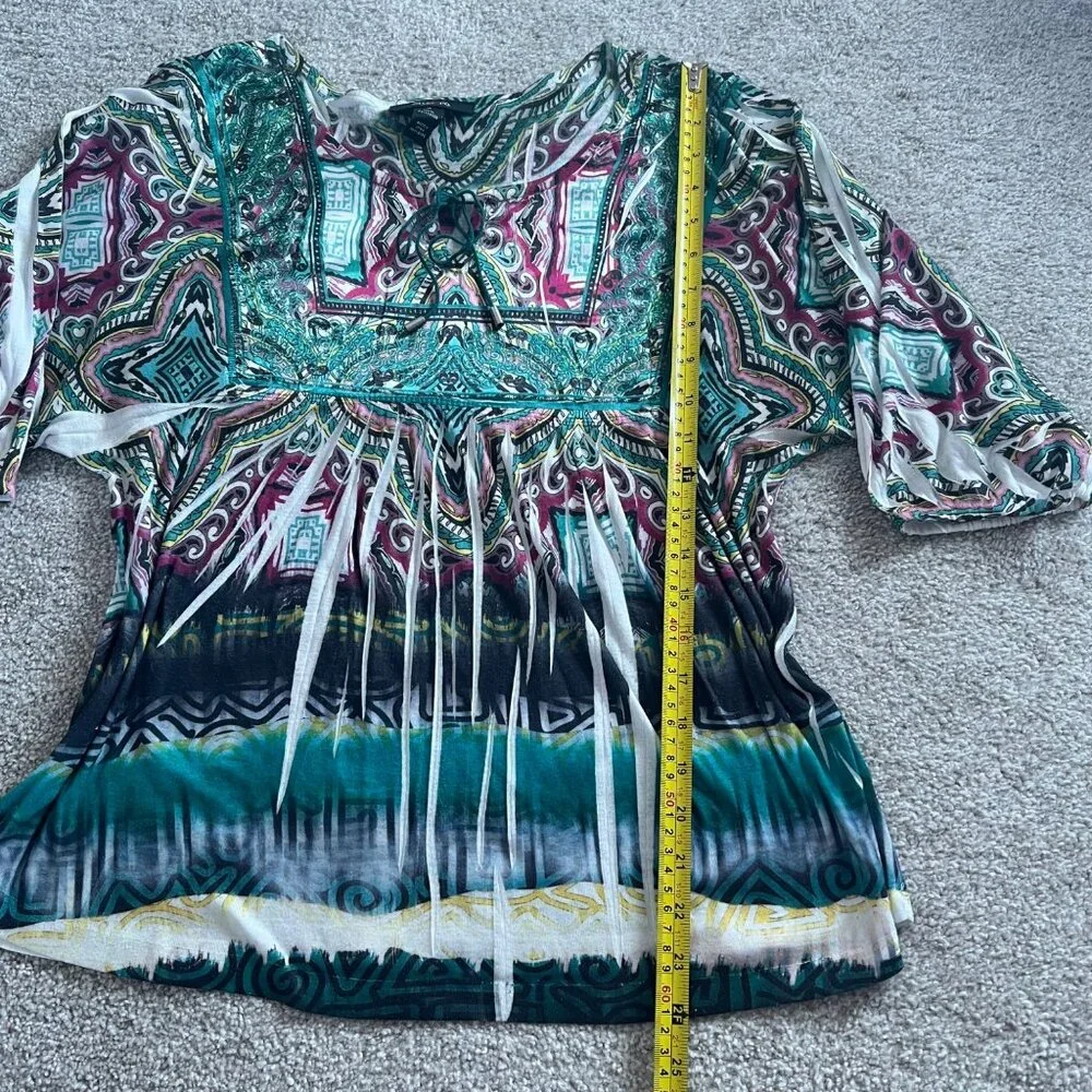 Y2K Billowy Sleeve Embroidered Lace-Up Abstract Rhinestone Green & Pink Top - Picture 8 of 8